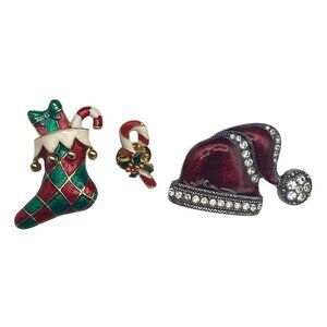 Lot 3 Christmas Brooch Pins Santa Hat Stocking Candy Cane Red Green Rhinestones